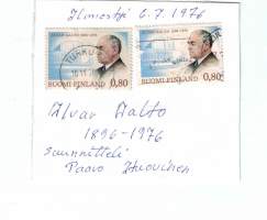 Postimerkit. Alvar Aalto ( HugoAlvar Henrik Aalto )  1896- 1976. Merkki  ilmestyi 06.07. 1976. Merkin  suunnitellut Paavo Huovinen. Merkisä  taustalla finlandia talo