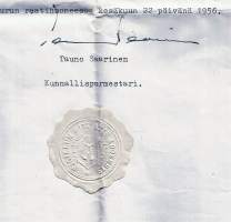 Turun  Kunnallispormestari paperisinetti vihkimistodistuksessa 1956   - sinetti