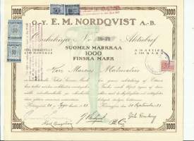 E.M.Nordqvist Oy Helsinki 1923  - osakekirja / Alussa yhtiön päätuote oli jalka- ja käsiproteeseja, tukisidoksia ja kirurgisia välineitä, myöh. tehtiin