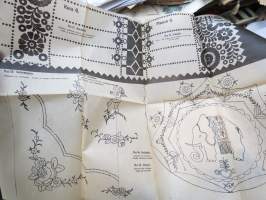 Ompelu-, schmelzi-, nukka- ja batiikkimalleja (Mönster för sömnad, Schmeltz, flossa &amp; batik) -kansiossa malliarkkeja, kaikki näkyvät kuvissa