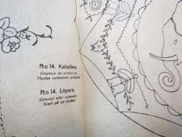 Ompelu-, schmelzi-, nukka- ja batiikkimalleja (Mönster för sömnad, Schmeltz, flossa &amp; batik) -kansiossa malliarkkeja, kaikki näkyvät kuvissa