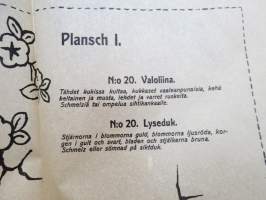 Ompelu-, schmelzi-, nukka- ja batiikkimalleja (Mönster för sömnad, Schmeltz, flossa &amp; batik) -kansiossa malliarkkeja, kaikki näkyvät kuvissa