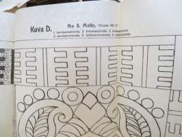 Ompelu-, schmelzi-, nukka- ja batiikkimalleja (Mönster för sömnad, Schmeltz, flossa &amp; batik) -kansiossa malliarkkeja, kaikki näkyvät kuvissa