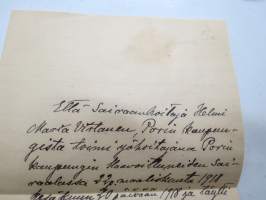 Sairaanhoitaja Helmi Virtanen toimi yöhoitajana Porin kaupungin haavoittuneiden sairaalassa 22.3-20.6.1918 -Vapaussodan aikainen ja jälkeinen todistus
