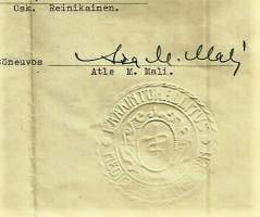 Lääkintöhallitus  paperisinetti  laillistettu lääkäri asiakirjalla 1950 - sinetti