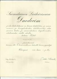 Suomalainen Lääkäriseura Duodecim kutsuu Teidät jäseneksensä 1947  - asiakirja firmalomake