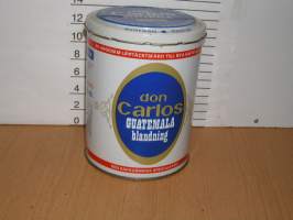 peltipurkki kahvia don carlos guatemala sekoitus.pyöreä,halkaisija noin 11 cm korkeus  14cm , VAKITA.N tarjous helposti s-m koko  paketti 19x36 x60 cm paino 35kg 5e