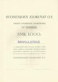 Suonenjoen Elokuvat  Oy    ,  1 000 mk  osakekirja, Suonenjoki 1937