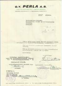 Perla Oy 1943  voiteluaineita - firmalomake anomus Kansanhuoltoministeriö Puolustusvoimat