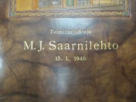 Satakunnan Kirjateollisuus Oy - toimitusjohtaja M. Saarnilehto - 50-vuotisonnittelukirja 15.1.1946 henkilökunnalta, nahkaplastiikkakansio, pergamenttilehdet, kotelo