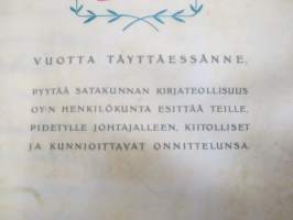 Satakunnan Kirjateollisuus Oy - toimitusjohtaja M. Saarnilehto - 50-vuotisonnittelukirja 15.1.1946 henkilökunnalta, nahkaplastiikkakansio, pergamenttilehdet, kotelo