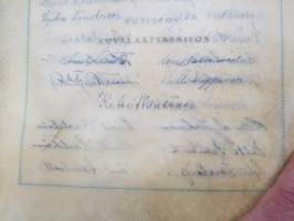 Satakunnan Kirjateollisuus Oy - toimitusjohtaja M. Saarnilehto - 50-vuotisonnittelukirja 15.1.1946 henkilökunnalta, nahkaplastiikkakansio, pergamenttilehdet, kotelo