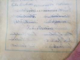 Satakunnan Kirjateollisuus Oy - toimitusjohtaja M. Saarnilehto - 50-vuotisonnittelukirja 15.1.1946 henkilökunnalta, nahkaplastiikkakansio, pergamenttilehdet, kotelo