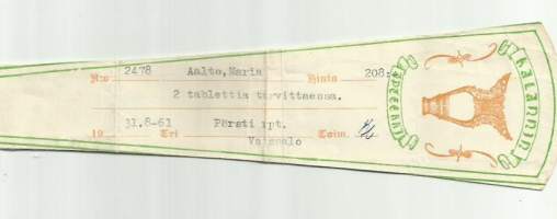 Kalannin  Apteekki   Kalanti  - resepti signatuuri  1961