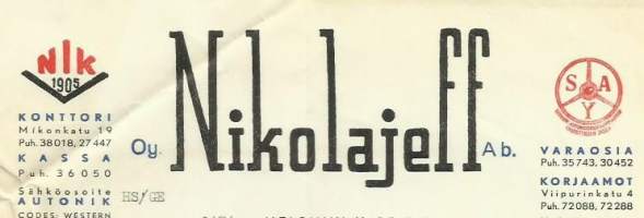 Nikolajeff Oy Helsinki 1951  - firmalomake