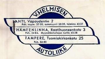 V Helmisen Autoliike Lahti, Tampere Hämeenlinna 1954  - firmalomake