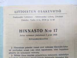 Littoinen Oy Verkatehdas hinnasto nr 17 1935 -fabric catalog and price list