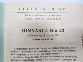 Littoinen Oy Verkatehdas hinnasto nr 23 1938 -fabric catalog and price list