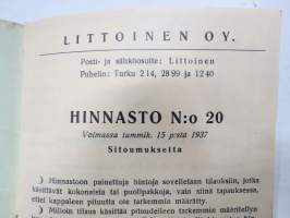 Littoinen Oy Verkatehdas hinnasto nr 20 1937 -fabric catalog and price list