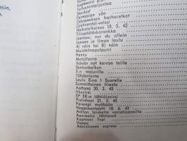 Tiistailauluja I osa -laulukirja, ilman julkaisija- ja painatustietoja, sisänmaallis- ja sotilashenkisiä, osa sota-aikaan liittyviä, osa puolusvoimien hallintoon?