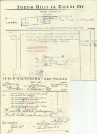 Turun Hiili ja Koksi Oy ja Turun Halkosaha  Turku 1942  - firmalomake  2 kpl