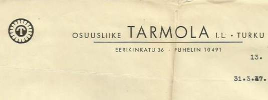 Osuusliike Tarmola Turku 1947 - firmalomake