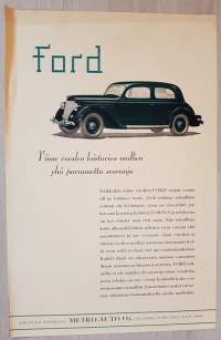 FORD, Edustaja Suomessa: METRO-AUTO Oy. -juliste, oikovedos, 1930 luvulta. FORD Viime vuoden loistavien mallien yhä parannettu seuraaja.