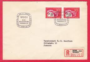 FDC Ensipäivänkuori 26.7.1960 Geodeettis-fysikaalinen Kongressi 30 mk. LAPE 523. R-kirje- kulkenut