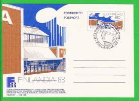 Finlandia 88 - Filatelian Maailmannäyttely Helsingin Messukeskuksessa 1.-12.6.1988. Päiväleimattu postikortti 1.6.1988.