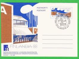 Finlandia 88 - Filatelian Maailmannäyttely Helsingin Messukeskuksessa 1.-12.6.1988. Päiväleimattu postikortti 4.6.1988.