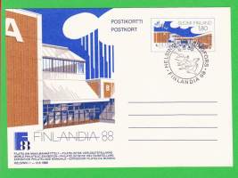 Finlandia 88 - Filatelian Maailmannäyttely Helsingin Messukeskuksessa 1.-12.6.1988. Päiväleimattu postikortti 6.6.1988.