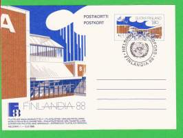 Finlandia 88 - Filatelian Maailmannäyttely Helsingin Messukeskuksessa 1.-12.6.1988. Päiväleimattu postikortti 8.6.1988.