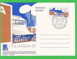 Finlandia 88 - Filatelian Maailmannäyttely Helsingin Messukeskuksessa 1.-12.6.1988. Päiväleimattu postikortti 9.6.1988. FIP
