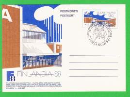 Finlandia 88 - Filatelian Maailmannäyttely Helsingin Messukeskuksessa 1.-12.6.1988. Päiväleimattu postikortti 10.6.1988.