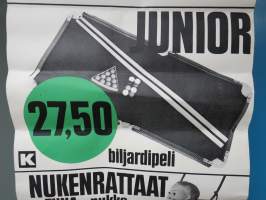 K-Kauppa leluosasto - Formula autorata, Junior biljardipei, Nukenrattaat + Tiina-nukke, Nuket Hanna &amp; Heli &amp; Tuula -myymäläjuliste / poster