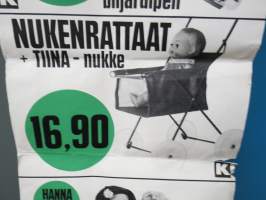 K-Kauppa leluosasto - Formula autorata, Junior biljardipei, Nukenrattaat + Tiina-nukke, Nuket Hanna &amp; Heli &amp; Tuula -myymäläjuliste / poster