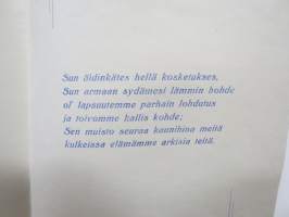 Äidille - Äitienpäivä - Äitienpäiväkortti 1940-luvulta; Sun äidinkätes hellä kosketukses, Sun armaan sydämesi lämmin hohde ol´lapsuutemme parhain lohdutus ja...