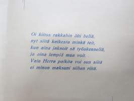 Äidille - Äitienpäivä - Äitienpäiväkortti 1940-luvulta; Oi kiitos rakkahin äiti hellä, nyt siitä kaikesta minkä teit, kun aina jaksoit sä työskennellä, ja aina...