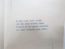 Äidille - Äitienpäivä - Äitienpäiväkortti 1940-luvulta; Ei pieni runo kyllin ylistää voi, äiti, sinun arvoasi täällä. Ja kyllin ei voi kukaan ymmärtää sun työsi...