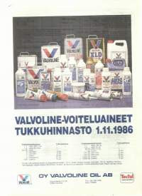 Valvoline - tukkuhinnasto 1986