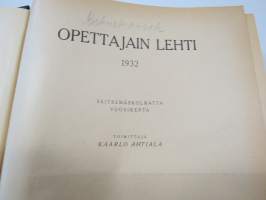 Opettajain lehti 1932-33 -sidottu vuosikerta, käsittelee monipuolisesti kansanopetusta ja opetustoimintaa maanlajuisesti, artikkelisisältö näkyvissä / annual volume