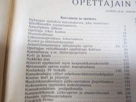 Opettajain lehti 1932-33 -sidottu vuosikerta, käsittelee monipuolisesti kansanopetusta ja opetustoimintaa maanlajuisesti, artikkelisisältö näkyvissä / annual volume