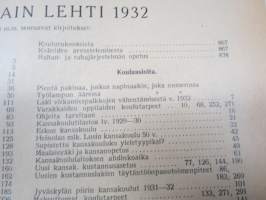 Opettajain lehti 1932-33 -sidottu vuosikerta, käsittelee monipuolisesti kansanopetusta ja opetustoimintaa maanlajuisesti, artikkelisisältö näkyvissä / annual volume