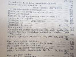 Opettajain lehti 1932-33 -sidottu vuosikerta, käsittelee monipuolisesti kansanopetusta ja opetustoimintaa maanlajuisesti, artikkelisisältö näkyvissä / annual volume