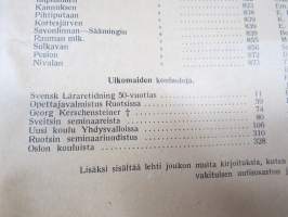 Opettajain lehti 1932-33 -sidottu vuosikerta, käsittelee monipuolisesti kansanopetusta ja opetustoimintaa maanlajuisesti, artikkelisisältö näkyvissä / annual volume