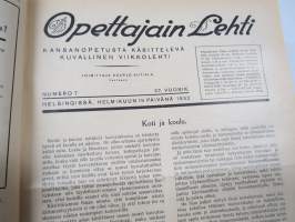 Opettajain lehti 1932-33 -sidottu vuosikerta, käsittelee monipuolisesti kansanopetusta ja opetustoimintaa maanlajuisesti, artikkelisisältö näkyvissä / annual volume