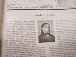 Opettajain lehti 1932-33 -sidottu vuosikerta, käsittelee monipuolisesti kansanopetusta ja opetustoimintaa maanlajuisesti, artikkelisisältö näkyvissä / annual volume