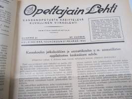 Opettajain lehti 1932-33 -sidottu vuosikerta, käsittelee monipuolisesti kansanopetusta ja opetustoimintaa maanlajuisesti, artikkelisisältö näkyvissä / annual volume