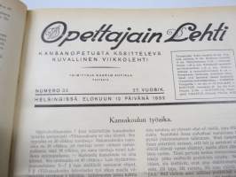 Opettajain lehti 1932-33 -sidottu vuosikerta, käsittelee monipuolisesti kansanopetusta ja opetustoimintaa maanlajuisesti, artikkelisisältö näkyvissä / annual volume