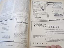 Opettajain lehti 1932-33 -sidottu vuosikerta, käsittelee monipuolisesti kansanopetusta ja opetustoimintaa maanlajuisesti, artikkelisisältö näkyvissä / annual volume